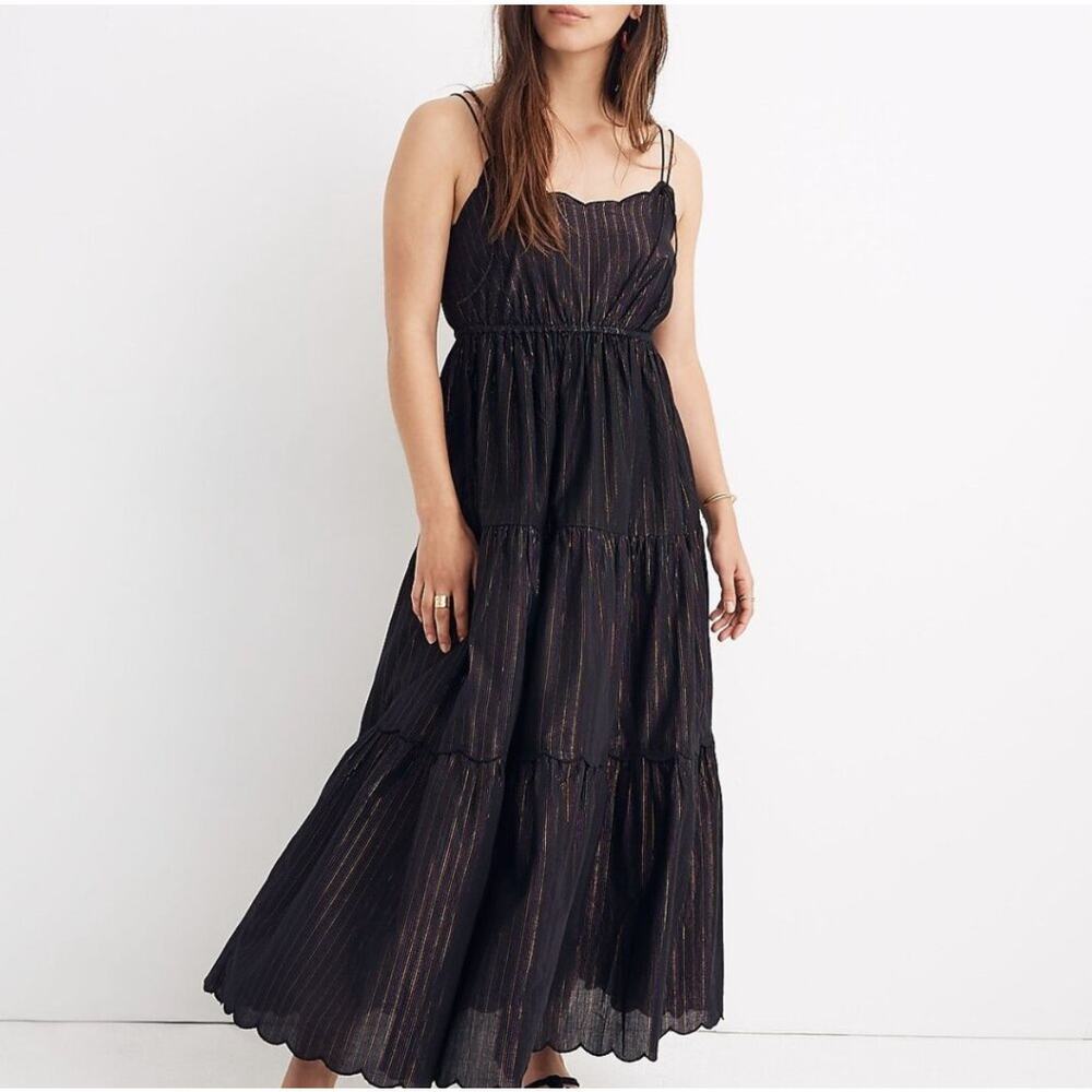 Abercrombie A&F Metallic Black Rainbow Tiered Maxi Dress Small Scallop Hem